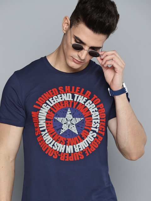 

Kook N Keech Marvel Men Navy Blue & Red Pure Cotton Marvel Typography Printed T-shirt