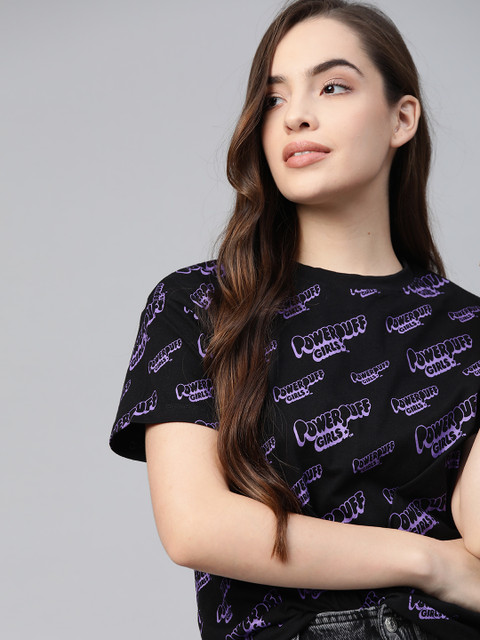 

Powerpuff Girls by Kook N Keech Women Black & Purple Cotton Printed T-shirt