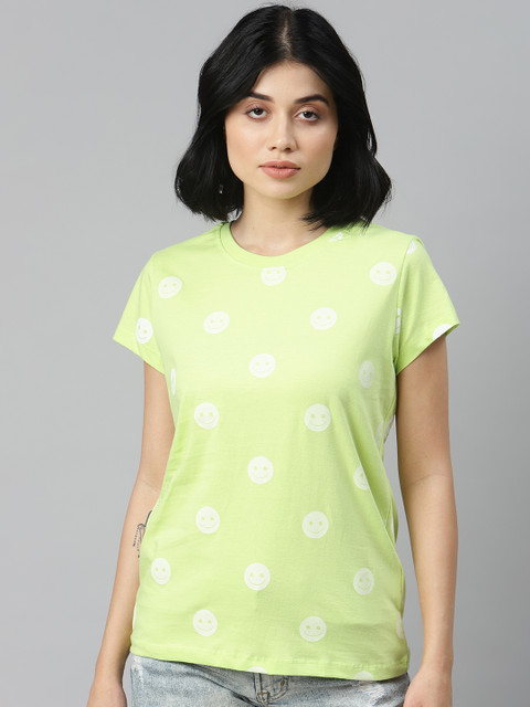 

Kook N Keech Emoji Women Green White Cotton Printed Round Neck Pure Cotton T-shirt