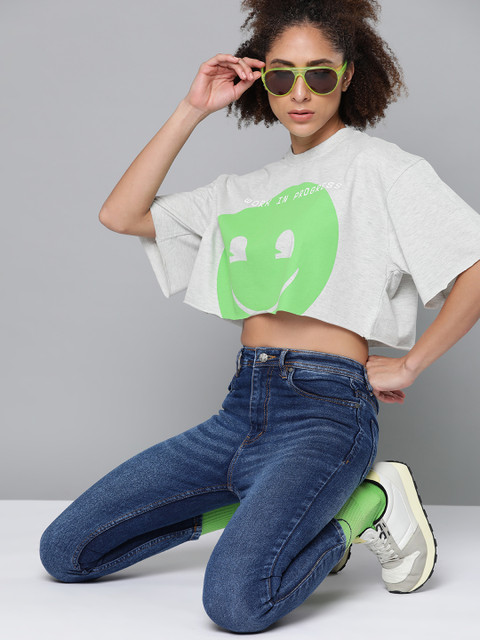 

Kook N Keech Emoji Women Grey Melange & Green Printed Crop T-Shirt