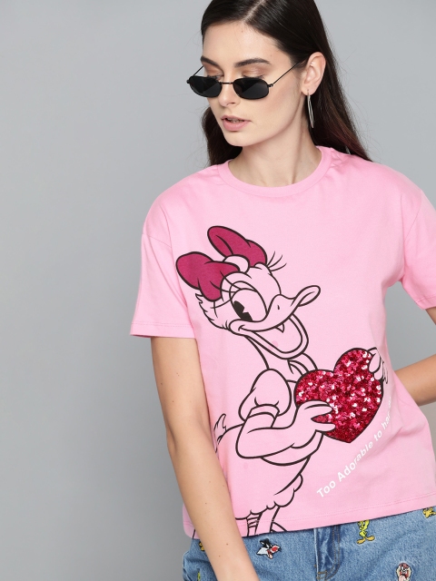 

Kook N Keech Disney Women Pink Pure Cotton Daisy Duck Printed Round Neck T-shirt