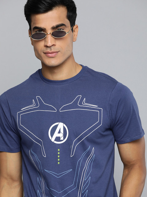 

Kook N Keech Marvel Men Navy Blue & White Avengers Print Pure Cotton Round Neck T-shirt