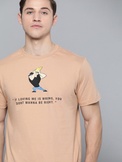 

Johnny Bravo by Kook N Keech Men Peach-Coloured & Black Printed Pure Cotton T-shirt