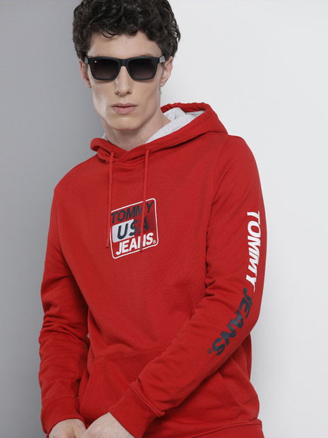 

Tommy Hilfiger Men Red Brand Logo Printed Organic Cotton Hooded Sweatshirt