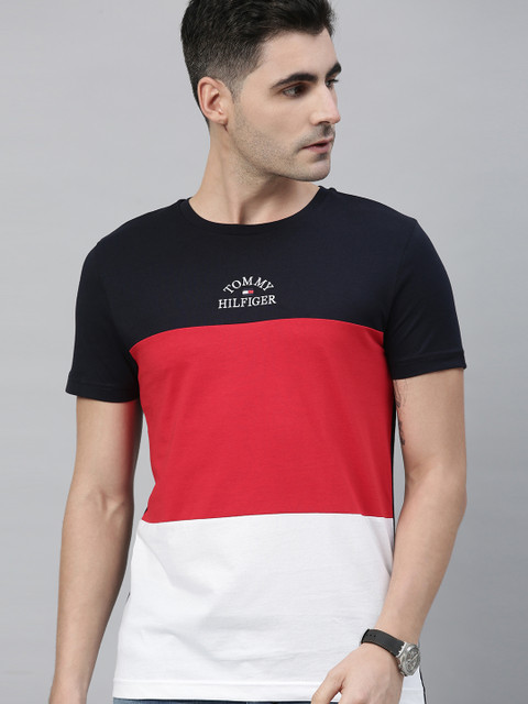 

Tommy Hilfiger Men Navy Blue & Red Colourblocked Round Neck T-shirt