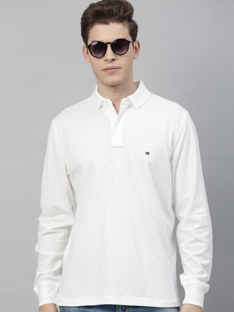 

Tommy Hilfiger Men Cream-Coloured Solid Polo Collar T-shirt