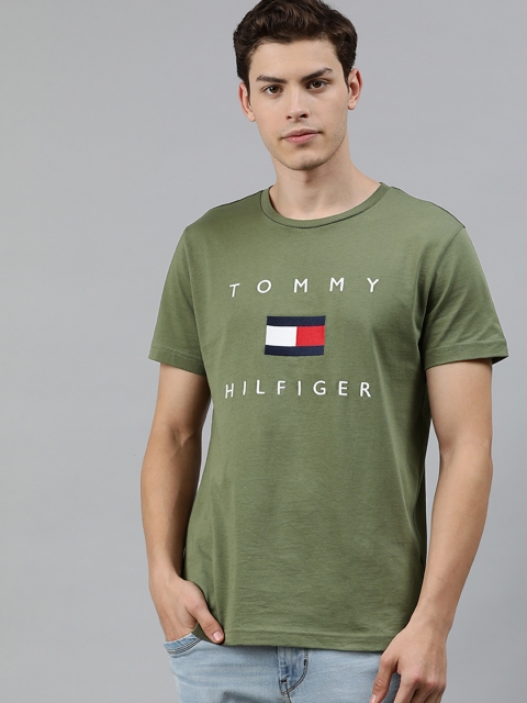 

Tommy Hilfiger Men Olive Green Printed Round Neck Pure Cotton T-shirt