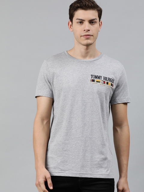 

Tommy Hilfiger Men Grey Melange Solid Round Neck Organic Cotton T-shirt with Embroidery