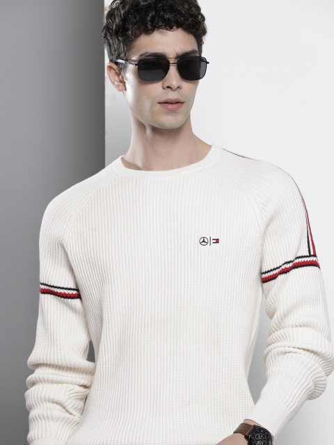 

Tommy Hilfiger Men Cream-Coloured Ribbed Pullover Sweater