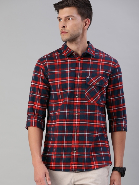 

Tommy Hilfiger Men Navy Blue & Red Regular Fit Pure Cotton Tartan Checked Flannel Shirt