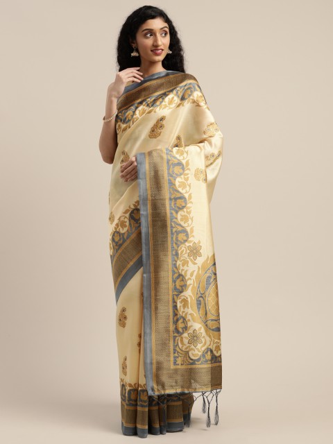 

Rajnandini Cream-Coloured & Teal Blue Art Silk Ethnic Printed Saree