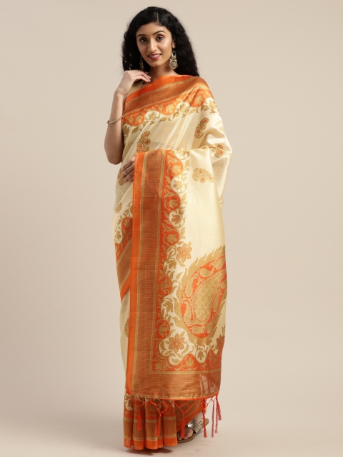 

Rajnandini Cream-Coloured & Orange Art Silk Ethnic Printed Saree