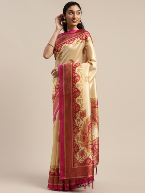 

Rajnandini Beige & Pink Art Silk Printed Saree