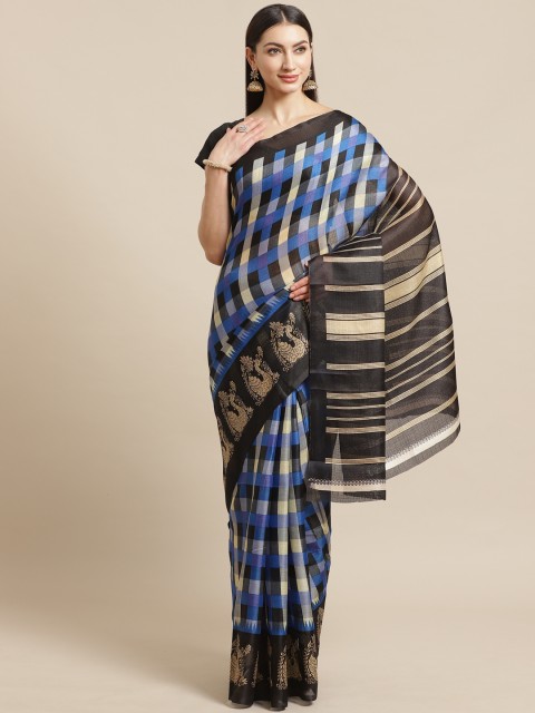 

KALINI Blue & Black Checked Mysore Silk Saree