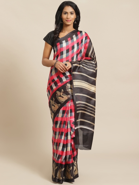 

KALINI Pink & Black Checked Mysore Silk Saree