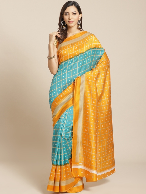 

KALINI Blue & Mustard Yellow Checked Mysore Silk Saree