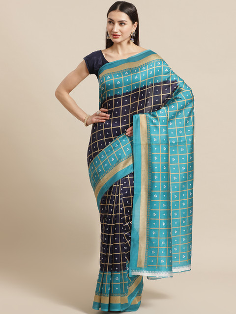 

KALINI Blue Art Silk Checked Mysore Silk Saree
