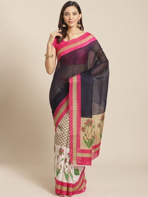 

KALINI Navy Blue & Off-White Half & Half Printed Kanjeevaram Saree