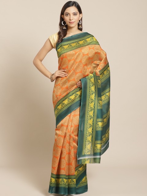 

KALINI Orange & Golden Printed Kanjeevaram Saree
