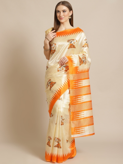 

KALINI Cream-Coloured & Orange Printed Kanjeevaram Saree