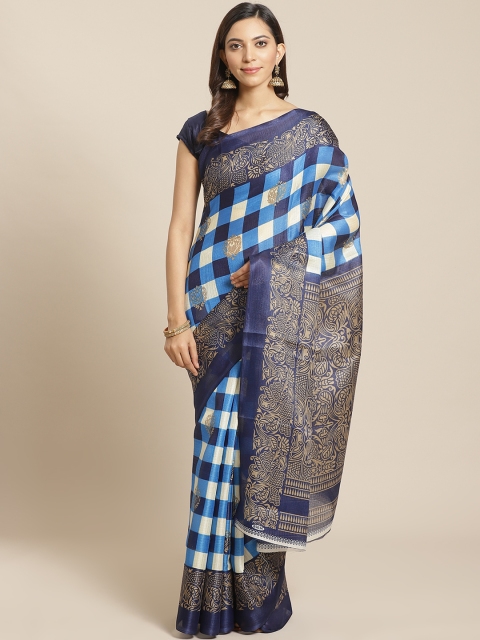 

KALINI Navy Blue & White Checked Sustainable Mysore Silk Saree