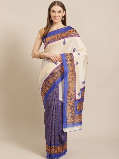 

KALINI Cream-Coloured & Blue Half & Half Printed Bhagalpuri Saree