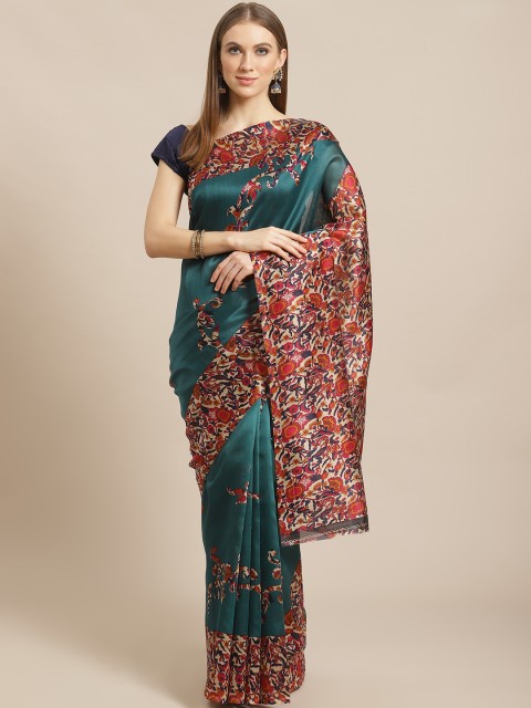 

KALINI Teal Green & Pink Kalamkari Print Mysore Silk Saree
