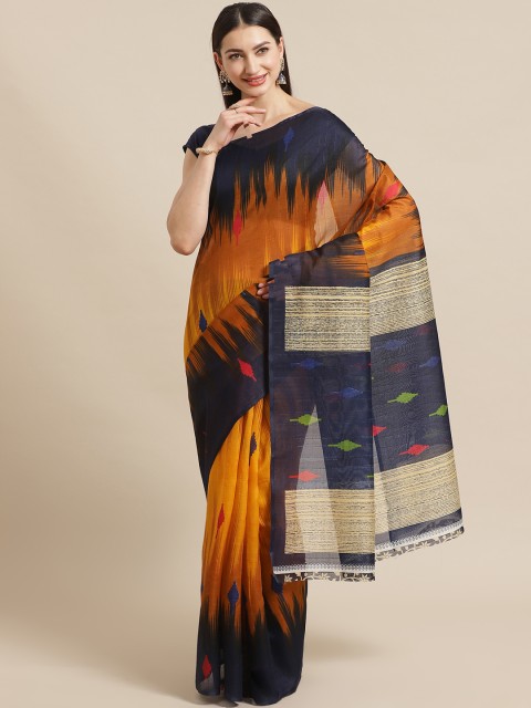 

KALINI Mustard Yellow & Navy Blue Printed Mysore Silk Saree