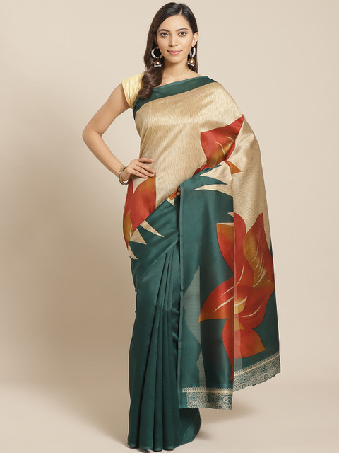 

KALINI Green & Beige Floral Printed Sustainable Mysore Silk Saree