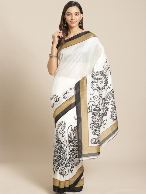 

KALINI White & Black Ethnic Motifs Print Sustainable Bhagalpuri Saree