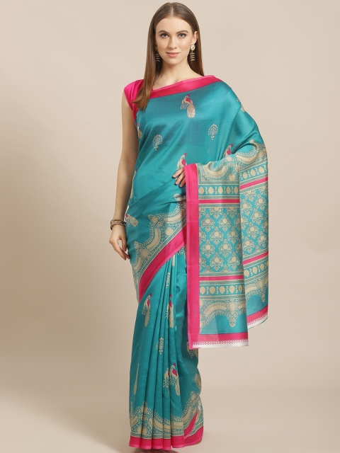 

KALINI Blue & Beige Kalamkari Print Kanjeevaram Saree