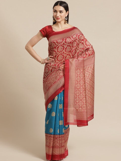 

KALINI Blue & Red Half & Half Printed Kanjeevaram Saree