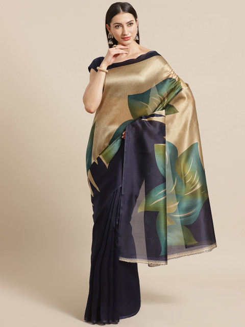 

KALINI Navy Blue & Beige Half & Half Printed Kanjeevaram Saree