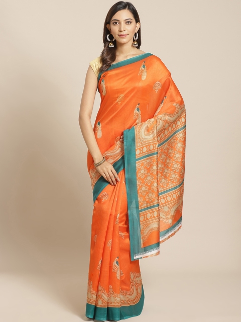 

KALINI Orange & Beige Printed Kanjeevaram Saree