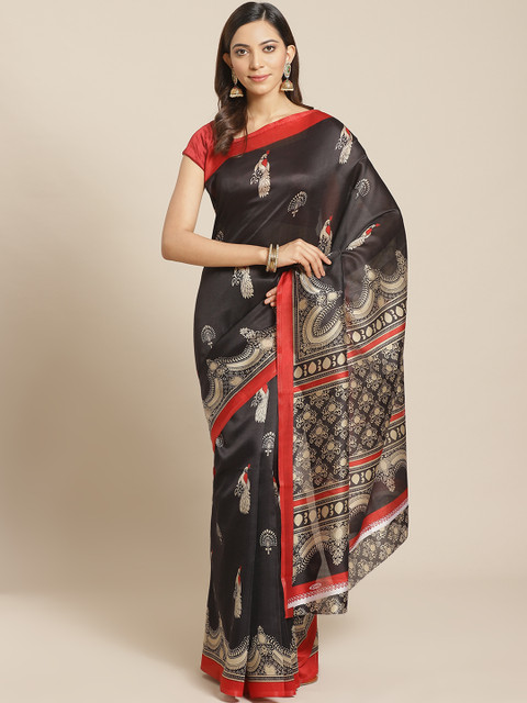 

KALINI Black & Beige Printed Kanjeevaram Saree