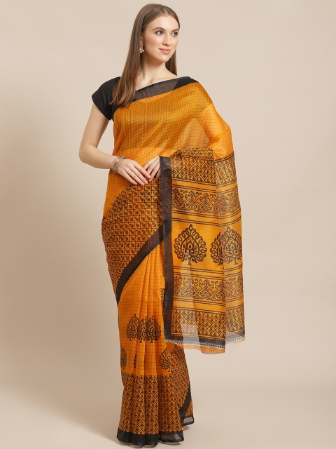 

KALINI Mustard Yellow & Black Printed Bhagalpuri Saree