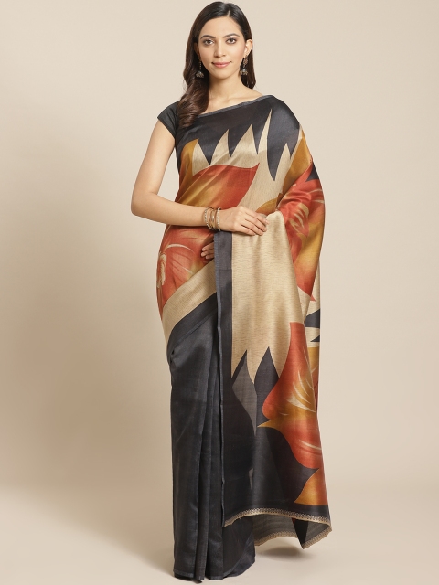 

KALINI Black & Beige Floral Print Half & Half Kanjeevaram Saree