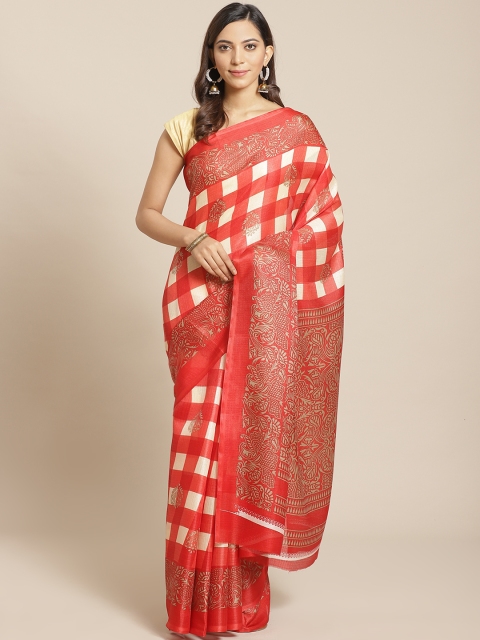 

KALINI Red & Off-White Checked Mysore Silk Saree