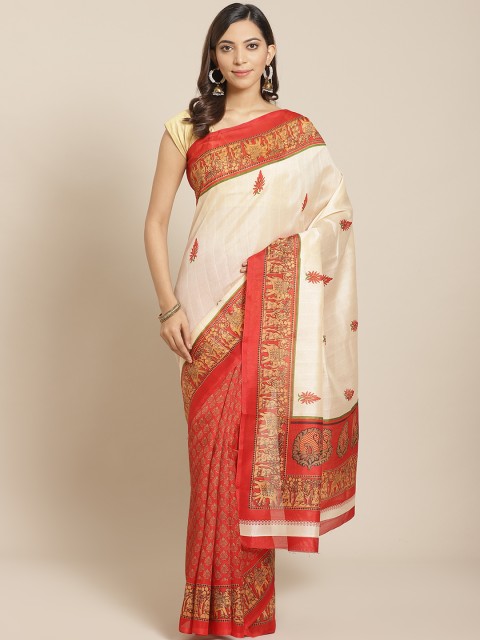 

KALINI Beige & Red Printed Mysore Silk Saree