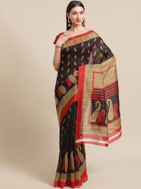 

KALINI Black & Red Paisley Printed Bhagalpuri Saree