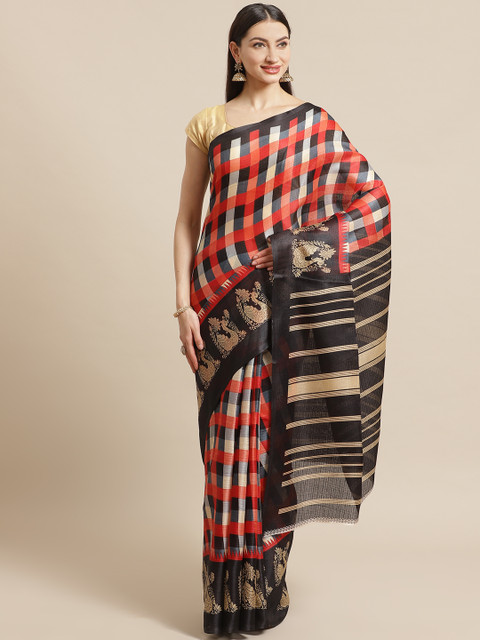 

KALINI Red & Black Checked Mysore Silk Saree