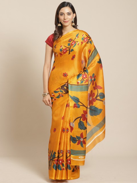 

KALINI Mustard Yellow & Green Floral Print Mysore Silk Saree