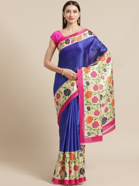 

KALINI Blue & Beige Floral Print Border Mysore Silk Saree