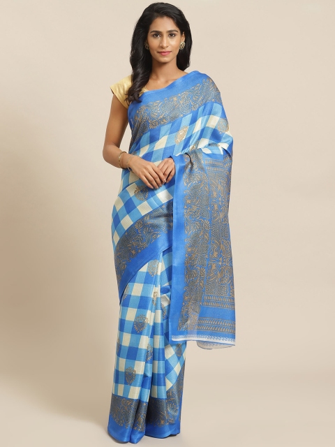 

KALINI Blue & Off-White Checked Mysore Silk Saree