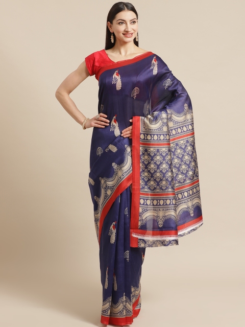 

KALINI Navy Blue & Beige Kalamkari Printed Kanjeevaram Saree