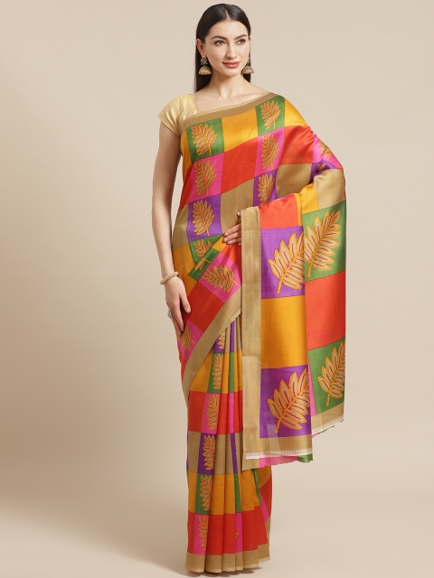 

KALINI Golden & Purple Block Print Saree, Gold