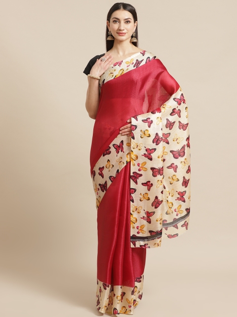 

KALINI Red & Beige Butterfly Print Border Saree