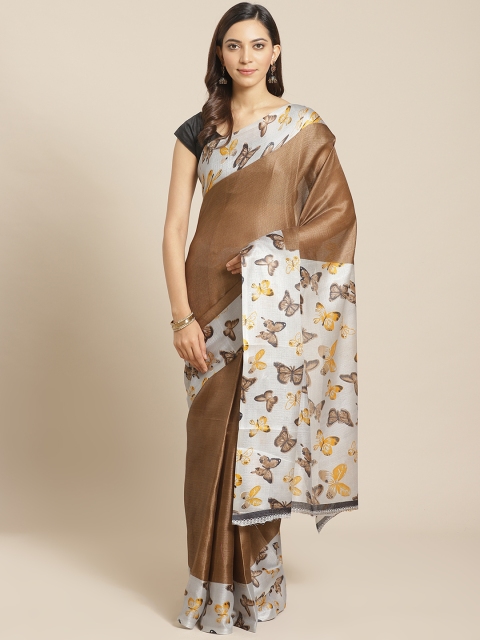 

KALINI Brown & Grey Butterfly Border Kanjeevaram Saree