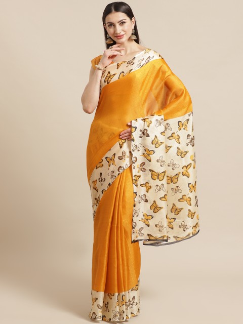 

KALINI Mustard & Off-White Solid Mysore Silk Saree