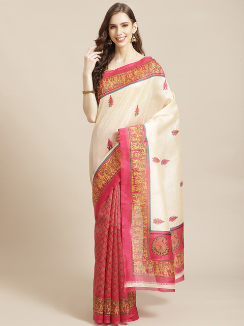 

KALINI Off-White & Pink Printed Half & Half Mysore Silk Saree